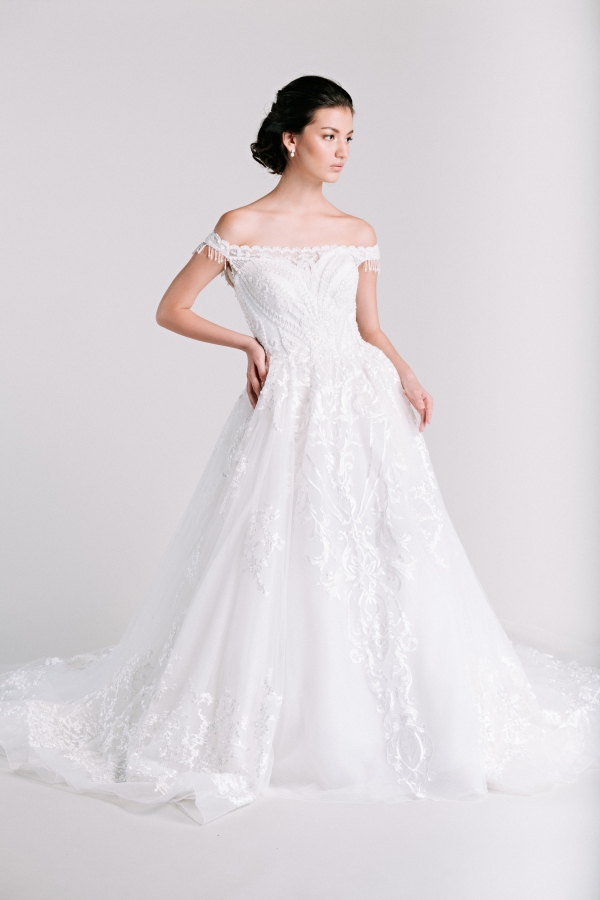off shoulder rtw ballgown from Ivory & White Bridal Store
