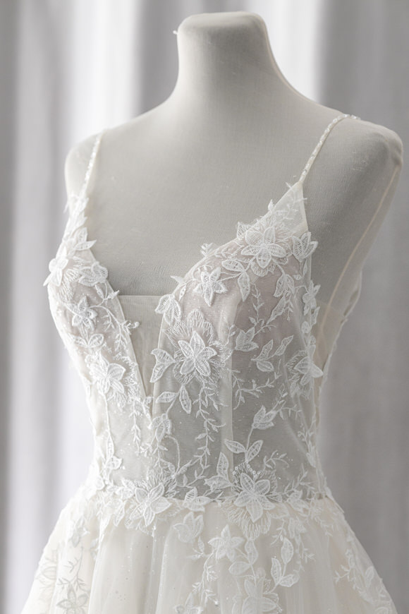 Ivory & White Bridal spaghetti straps plunging neckline lace ballgown