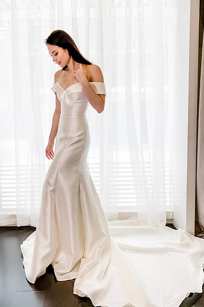 Ivory & White Bridal off shoulder minimalist mermaid wedding dress