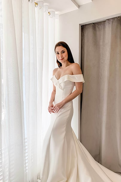 Ivory & White Bridal off shoulder minimalist mermaid wedding dress