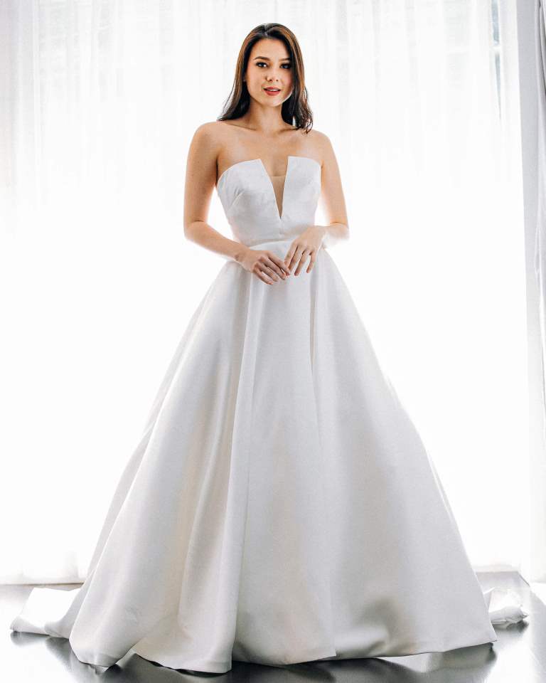Ivory & White Bridal strapless modern minimalist a-line satin gown