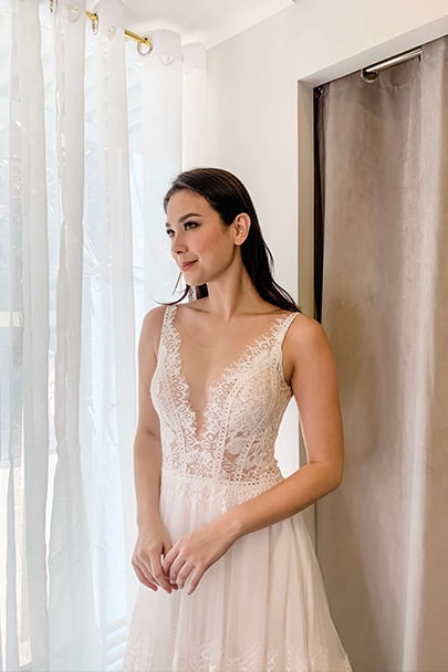 Ivory & White Bridal boho lace wedding dress plunging neckline