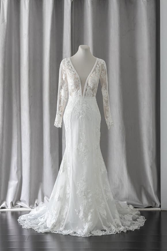 Ivory & White Bridal long sleeves plunging neckline lace mermaid wedding gown