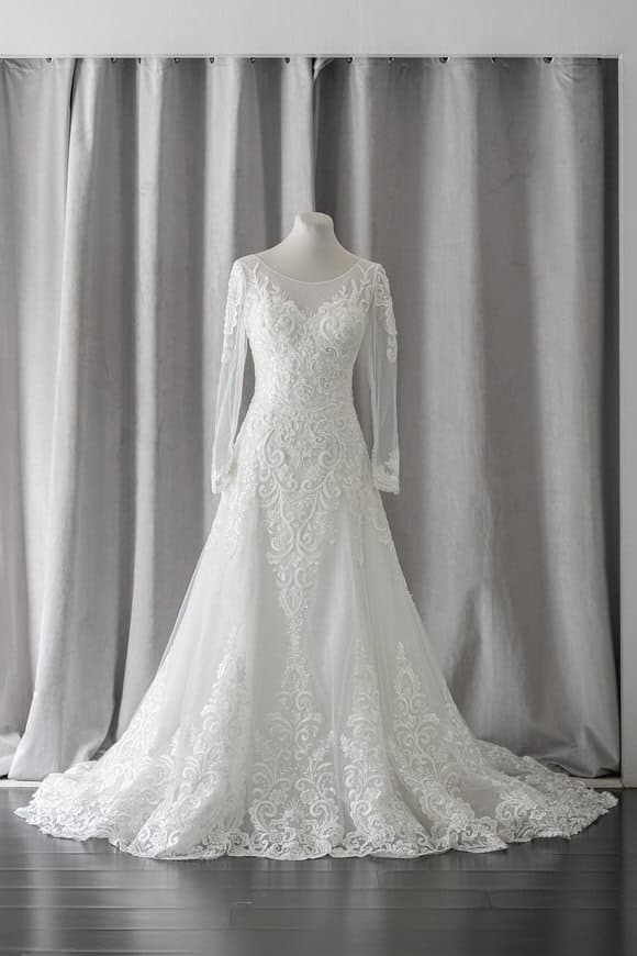 Ivory & White Bridal illusion sleeves a-line lace wedding gown