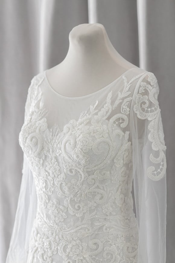 Ivory & White Bridal illusion sleeves a-line lace wedding gown