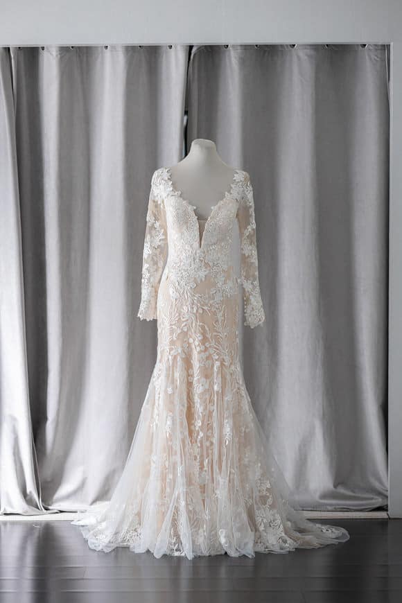 Ivory & White Bridal long sleeve deep neckline lace mermaid wedding gown