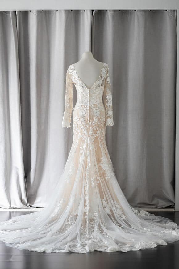 Ivory & White Bridal long sleeve deep neckline lace mermaid wedding gown