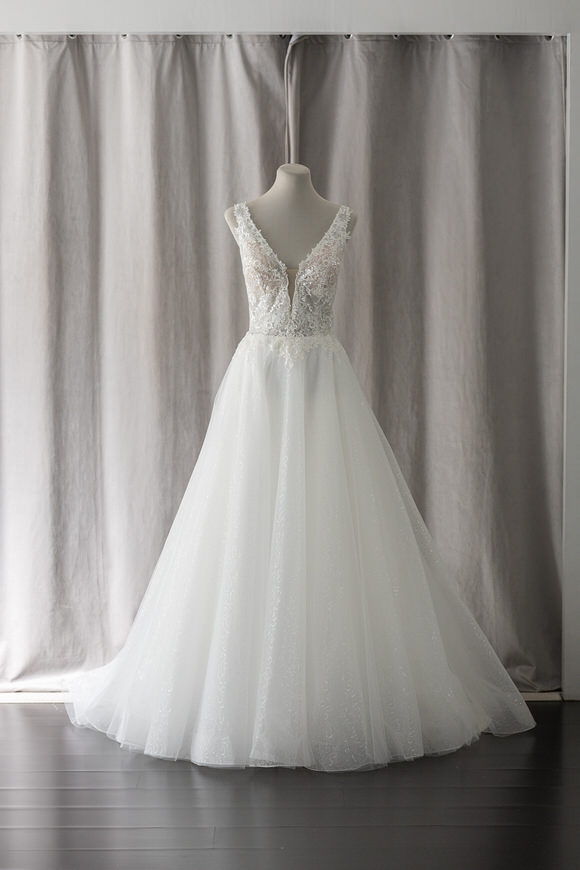 Ivory & White Bridal rtw deep neckline lace a-line tulle wedding gown