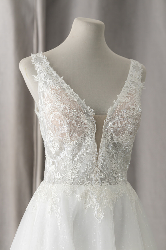 Ivory & White Bridal rtw deep neckline lace wedding gown