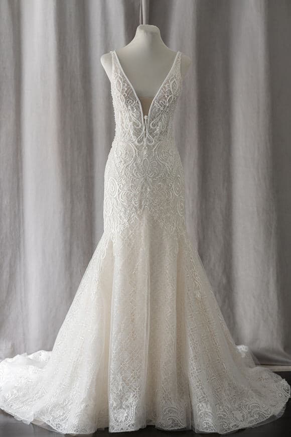 Ivory & White Bridal rtw plunging neckline lace mermaid beaded wedding gown