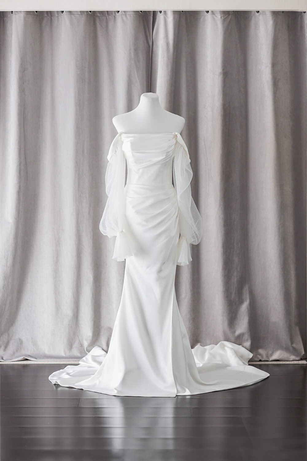 off shoulder satin draped rtw wedding gown with slit