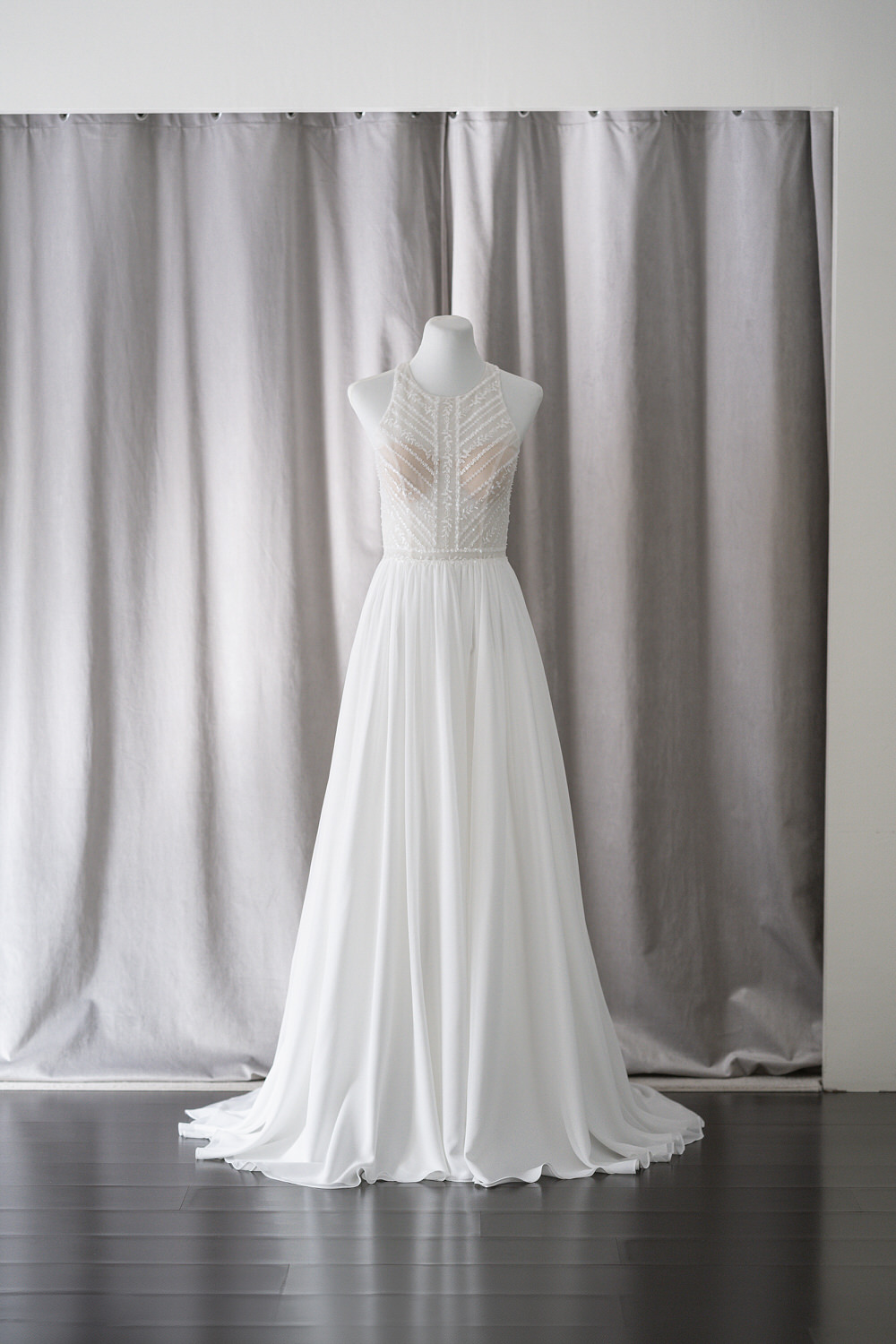 sheer halter lace and chiffon rtw wedding gown