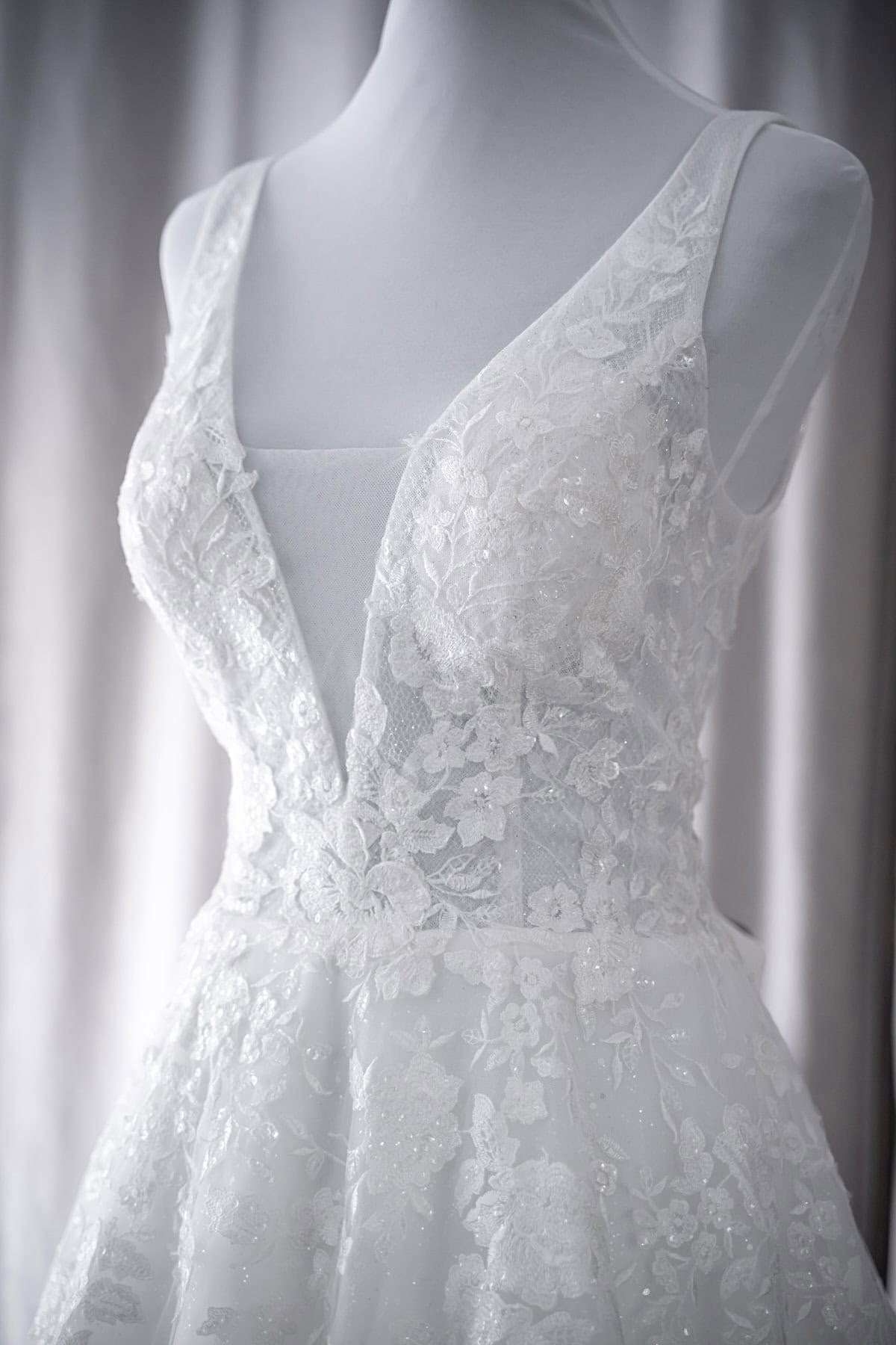 deep v-neck lace wedding gown